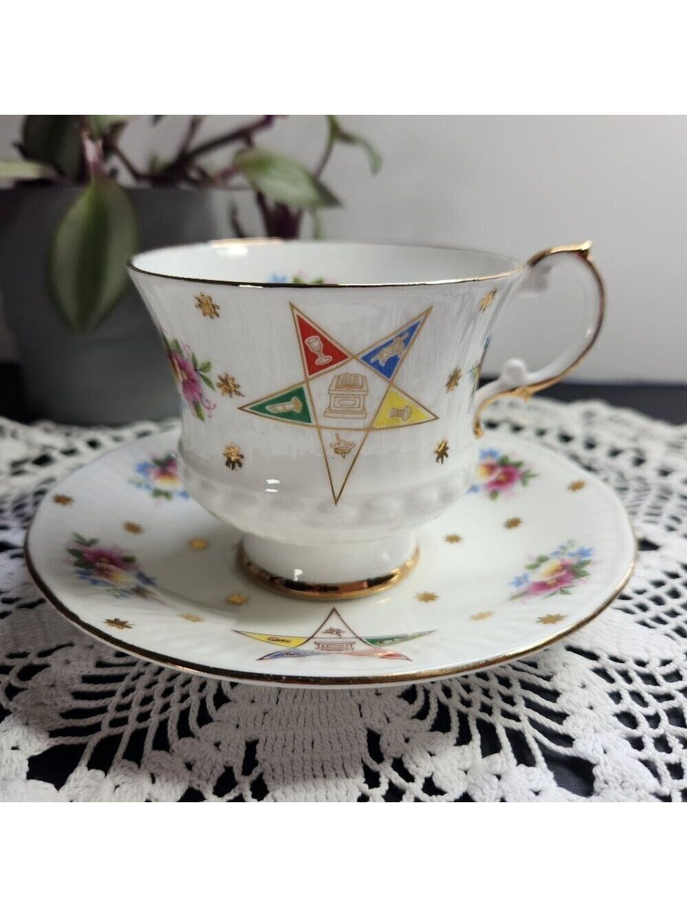 Elizabethan Bone China Cup & Saucer Order of the Eastern Star OES Masonic Vtg